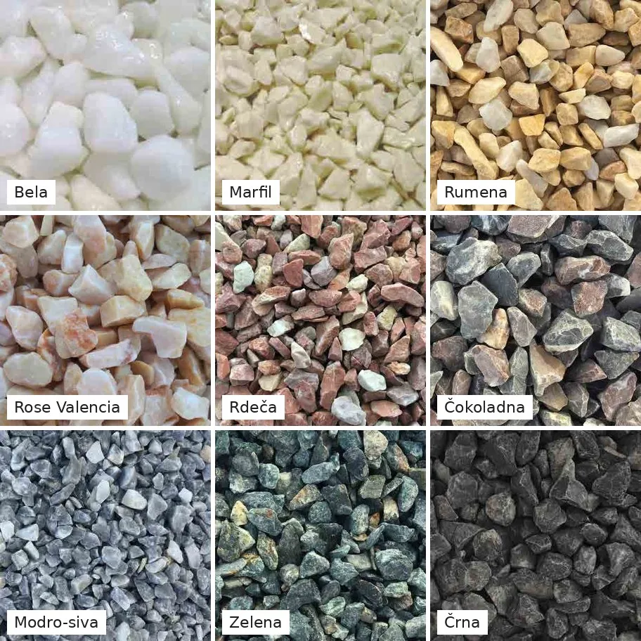 Devet barv drobljenega naravnega kamna Cemher Stones za terazzo: bela, marfil, rumena, rose valencia, rdeča, čokoladna, modro-siva, zelena, črna