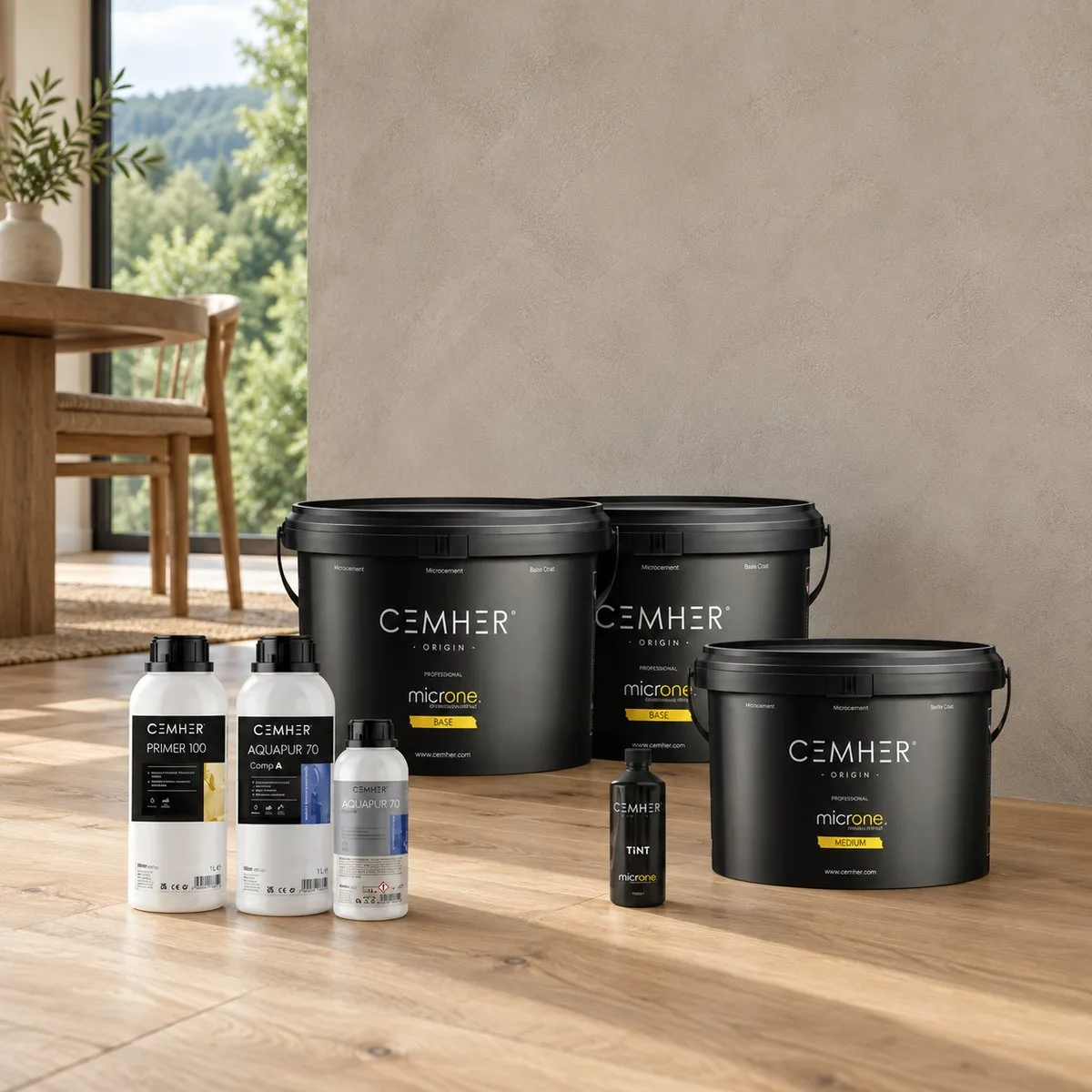 Microne KIT za stene — komplet mikrocementa Cemher Microne pred steno iz mikrocementa v dnevnem prostoru