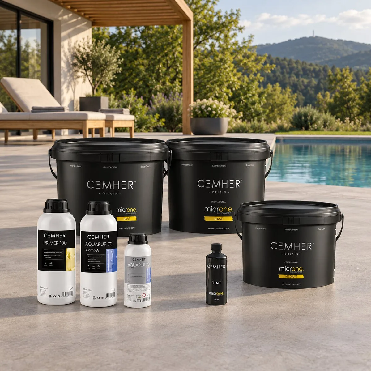 Microne KIT za terase — komplet mikrocementa Cemher Microne na terasi iz mikrocementa ob bazenu