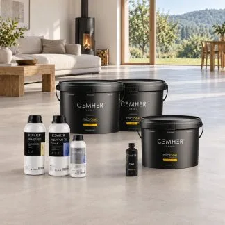 Microne KIT za tla — komplet mikrocementa Cemher Microne na tleh iz mikrocementa v dnevni sobi