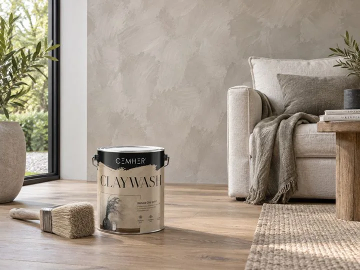Embalaža Claywash in čopič pred steno z glinenim dekorativnim premazom