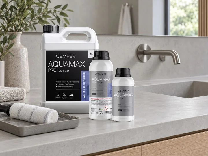 Aquamax PRO in valjček na mikrocementnem kopalniškem pultu