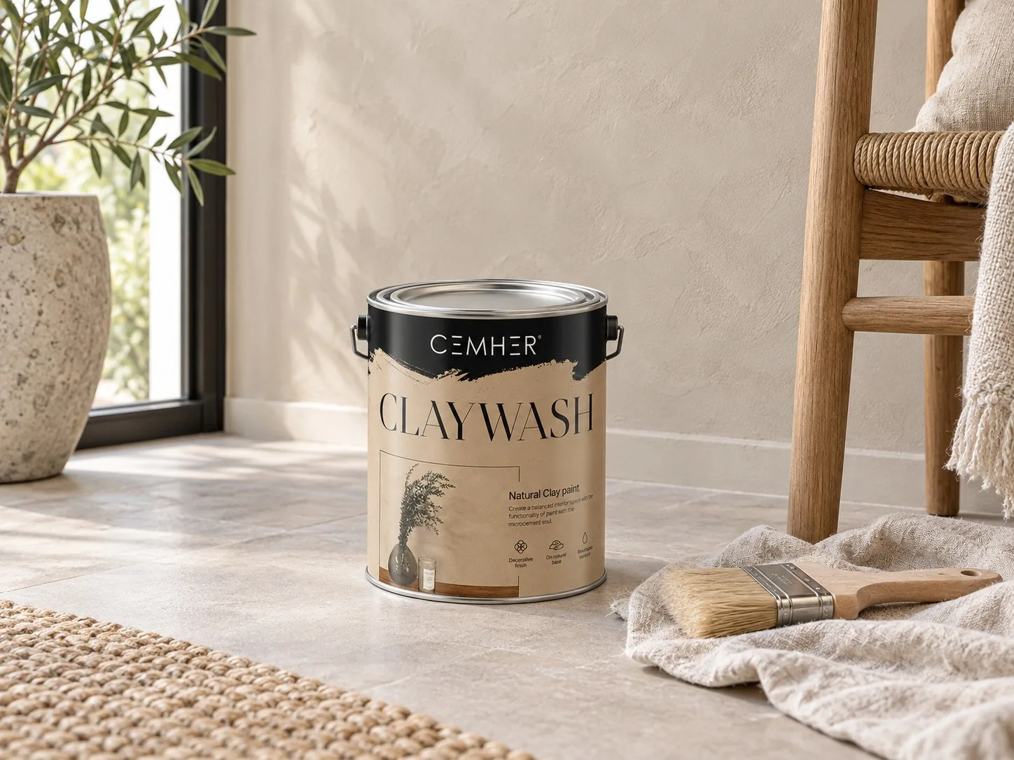 Posoda Claywash in čopič ob dekorativno obdelani steni v svetli sobi