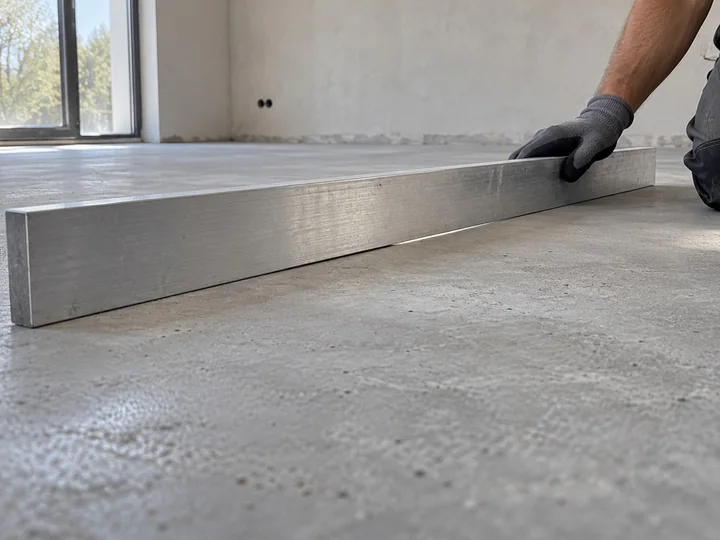 Roka z dolgo aluminijasto letvijo preverja ravnost suhe cementne podlage